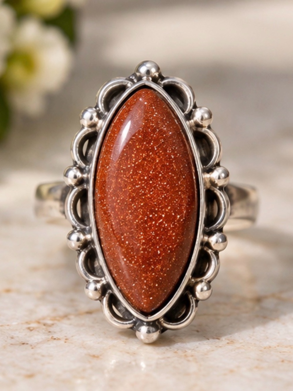 925 streling Silver Ring with Goldstone Marquise Stone - Women's Jewelry